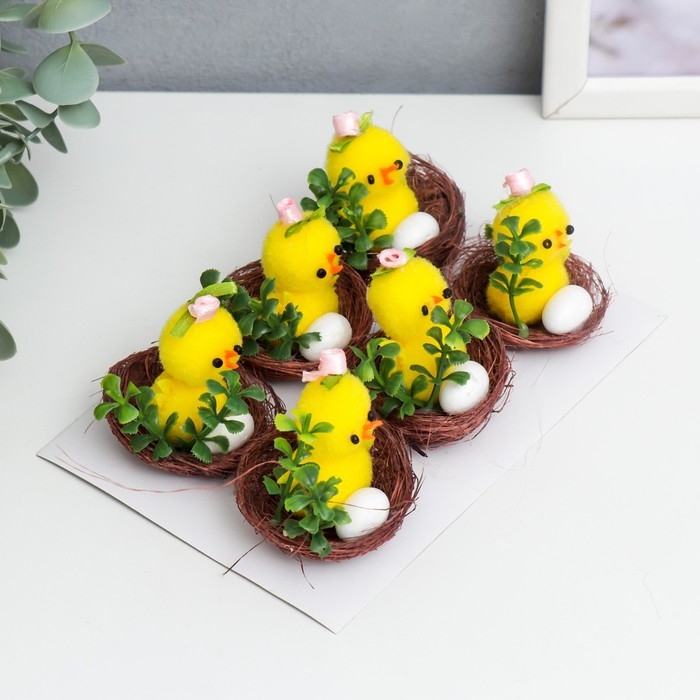 Сувенир пасхальный Сувенир пасхальный "Цыплёнок с розой и яичком в гнезде с цветком" набор 6 шт 3х4х4 см