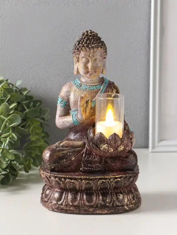Сувенир полистоун подсвечник "Будда с лотосом" с золотой патиной 10х14,5х25 см