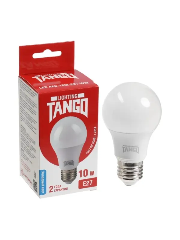 Лампа светодиодная TANGO, А60, 10 Вт, E27, 950 Лм, 6500K, IP20, свечение холодное белое, матовое сте