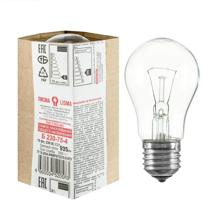 Лампа накаливания «Лисма», Б, Е27, 75 Вт, 230 В Лампа накаливания «Лисма», Б, Е27, 75 Вт, 230 В