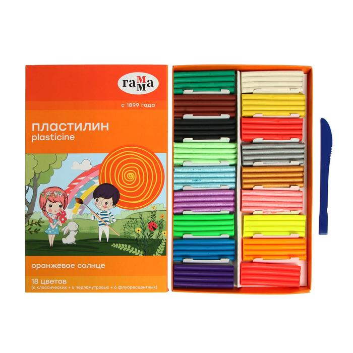 Пластилин 18 цветов 234 г (6 классических, 6 флуоресцентных, 6 перламутровых) Пластилин 18 цветов 234 г (6 классических, 6 флуоресцентных, 6 перламутровых) "Гамма" "Оранжевое солнце", со стеком