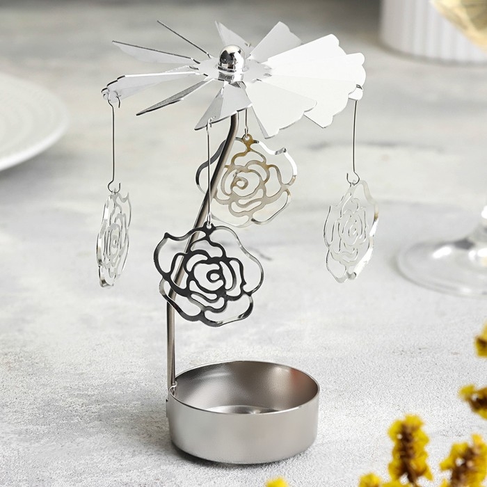 Подсвечник вращающийся Подсвечник вращающийся "Карусель с цветами", серебряная, металл