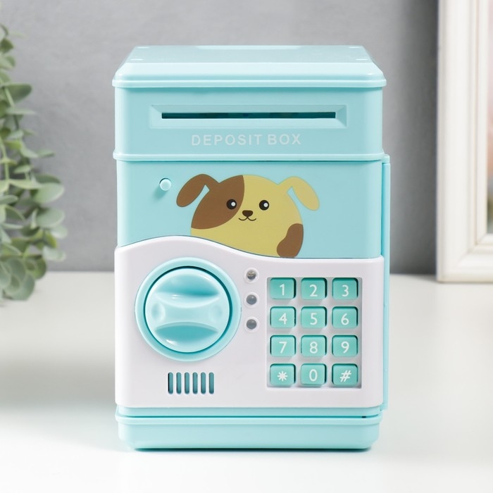 Копилка пластик Копилка пластик "Сейф. Щенок" кодовый замок, звук АА голубой 13х12х19 см