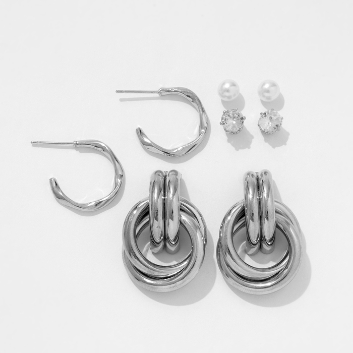 Серьги набор 4 пары «Летние истории» кольца и плетение, цвет белый в серебре
