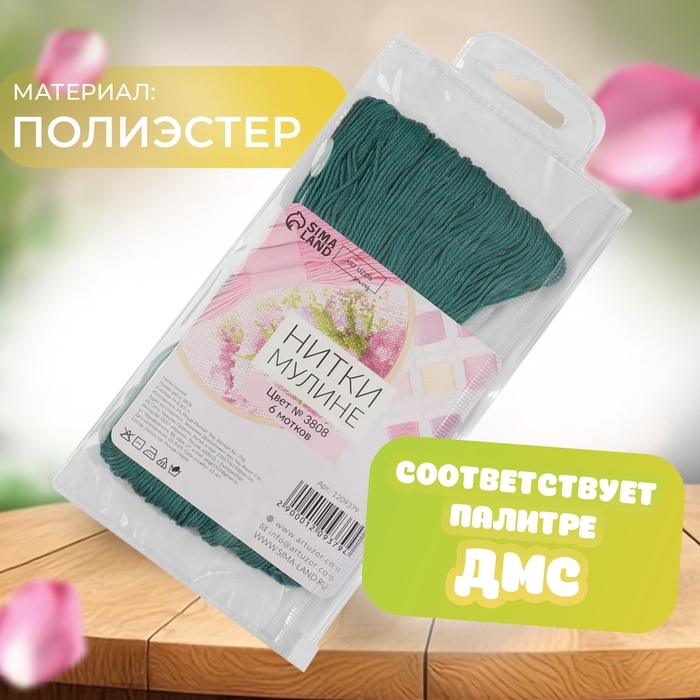 Набор ниток мулине №3808, 8 ± 1 м, 6 шт, цвет тёмно-бирюзовый