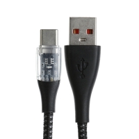 Кабель, 3 А, Type-C  - USB, прозрачный, оплётка нейлон, 1 м, чёрный