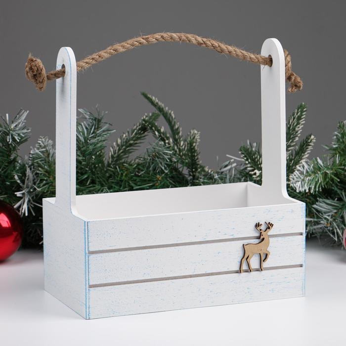Кашпо деревянное 25х15х30 см, "Новый год. Олень", белый