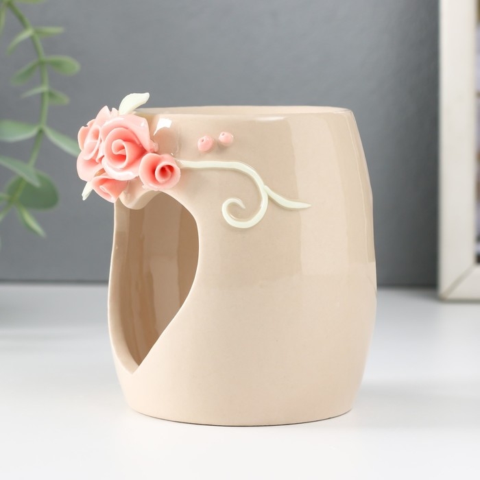 Аромалампа керамика  Аромалампа керамика "Сердце с розами" бежевая 8х8х9 см