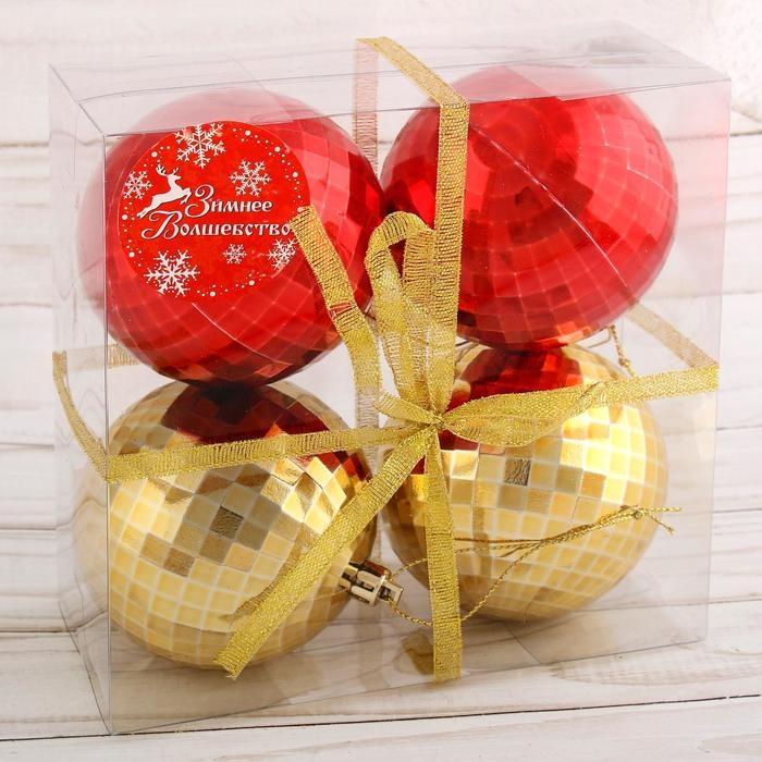 Набор шаров пластик d-8 см, 4 шт Набор шаров пластик d-8 см, 4 шт "Диско" красный золото