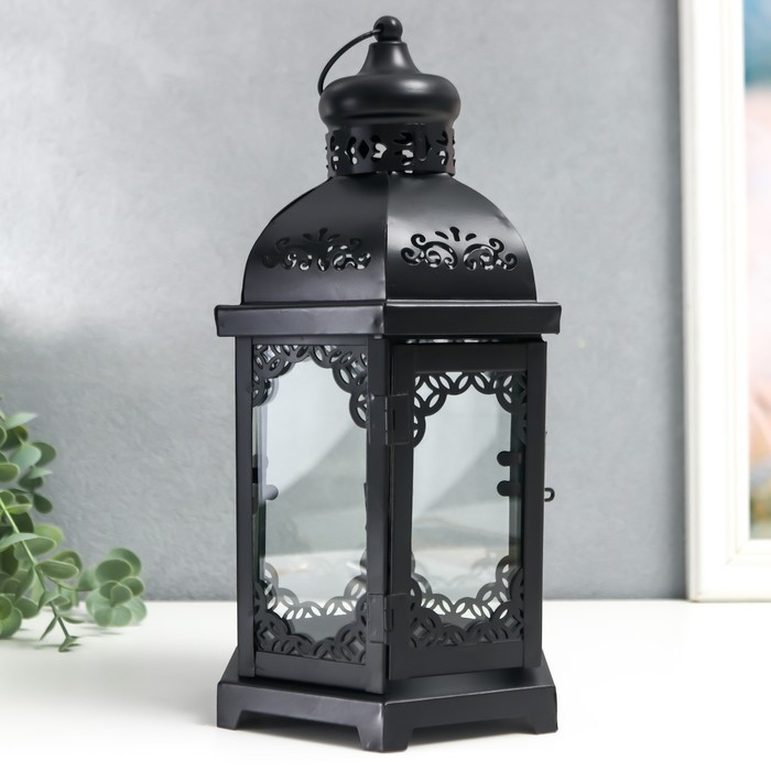 Подсвечник металл, стекло Подсвечник металл, стекло "Фонарь - цветущие вензеля" d-10 см чёрный 13,5х15х29 см