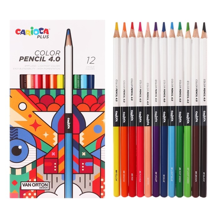 Карандаши 12 цветов, Carioca "Plus", дерево, шестигранные, грифель 4 мм, яркие цвета, премиум качество