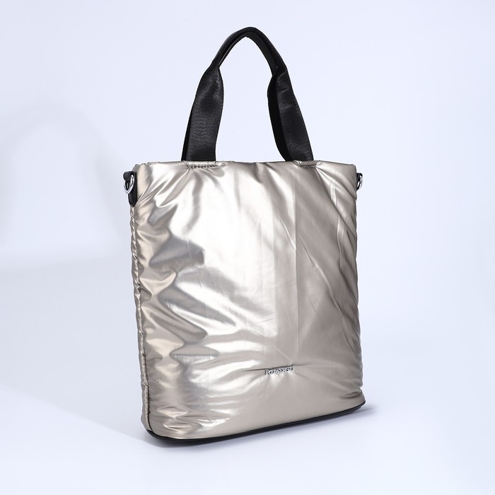 Сумка-тоут на молнии, наружный карман, длинный ремень, цвет бронзовый