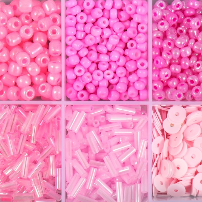 Бисер стекло 6/0, 12/0 в шкатулке  Бисер стекло 6/0, 12/0 в шкатулке "Розовый" стеклярус и пайетки 12,5х6,5х2 см
