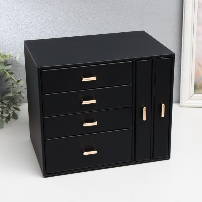 Шкатулка кожзам для украшений  Шкатулка кожзам для украшений "Комод с золотистыми ручками" черная 16,3х18х22,5 см