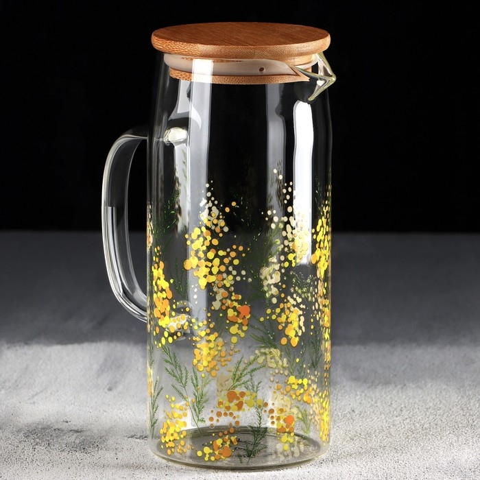 Кувшин стеклянный с бамбуковой крышкой «Нежная мимоза», 1000 мл, с крышкой Кувшин стеклянный с бамбуковой крышкой «Нежная мимоза», 1000 мл, с крышкой