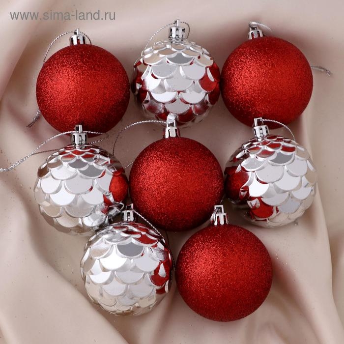 Набор шаров пластик d-6 см, 8 шт Набор шаров пластик d-6 см, 8 шт "Шишечки и блеск" серебро красный