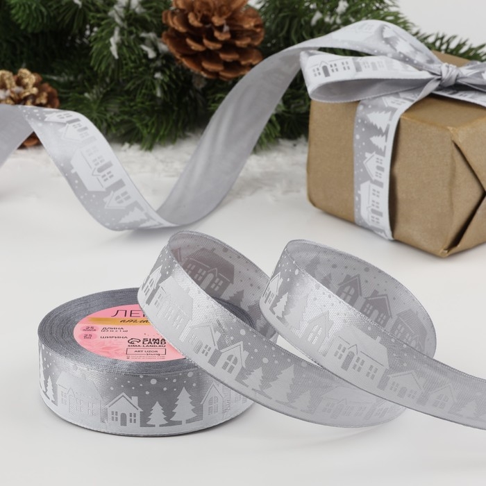 Новый год! Лента атласная «Домики», 25 мм, 23 ± 1 м, цвет серый №59 Новый год! Лента атласная «Домики», 25 мм, 23 ± 1 м, цвет серый №59