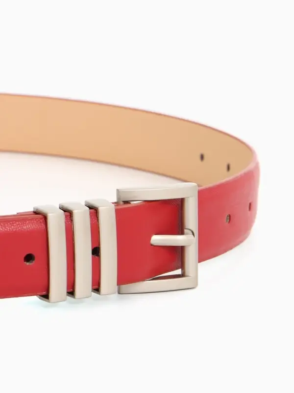 Ремень женский, 110&times;2.8 см, прямоугольная пряжка металл, серебристая, красный