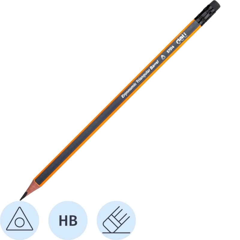 Карандаш чернографитный Deli HB 3-гранный, с ластиком, ,оранж/серый E37014