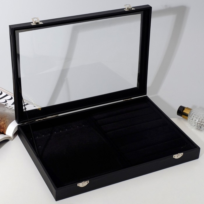 Подставка для украшений &laquo;Шкатулка&raquo; 10 крючков и 7 полос , 35&times;24&times;5, стеклянная крышка, цвет чёрный