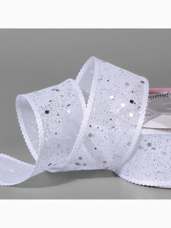 Лента декоративная, с глиттером, 38 мм, 9&plusmn;0.5 м, белая, серебряная