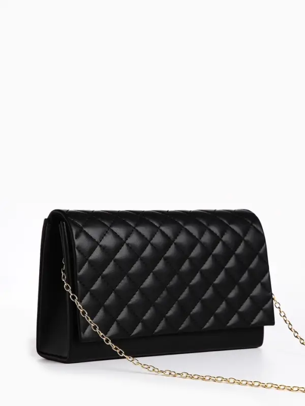 Сумка-клатч женская на магните, на длинной цепочке, со стёжкой, чёрная