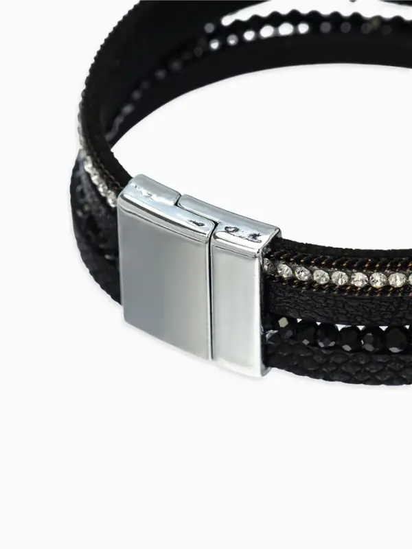 Браслет кожаный на магните &laquo;Камни и стразы&raquo;, L=19.5 см, белый, чёрный в серебре