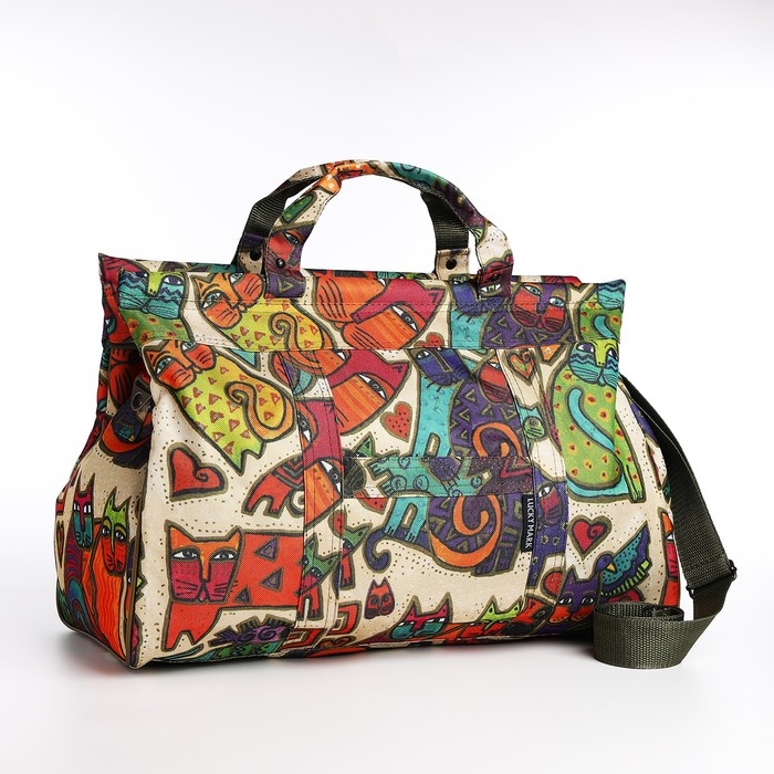 Сумка дорожная на молнии, наружный карман, длинный ремень, цвет бежевый/разноцветный Сумка дорожная на молнии, наружный карман, длинный ремень, цвет бежевый/разноцветный