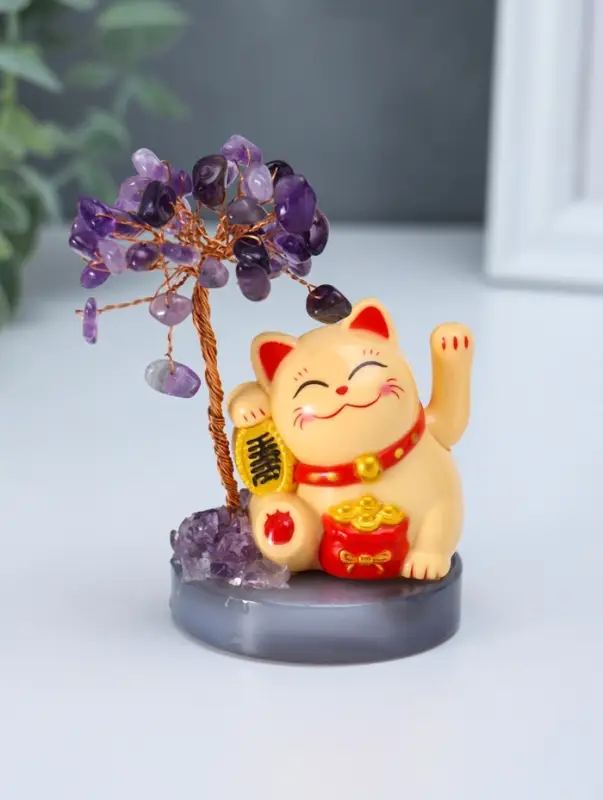 Маятник пластик "Жёлтый Манэки-нэко у дерева" 36 камней 5,5х5,5х11 см