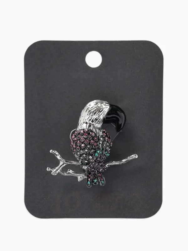 Брошь &laquo;Птица&raquo; какаду на ветке, цветная в серебре