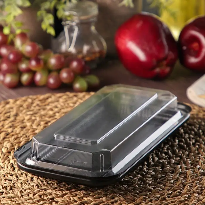 Контейнер с крышкой пластиковый одноразовый, 24×12×4,3 см, внутренние размеры 21×9×3,6 см, 750 мл, чёрный Контейнер с крышкой пластиковый одноразовый, 24×12×4,3 см, внутренние размеры 21×9×3,6 см, 750 мл, чёрный