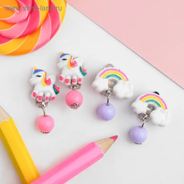 Серьги клипсы детские Выбражулька «Единороги и радуга», форма МИКС, миксы Серьги клипсы детские Выбражулька «Единороги и радуга», форма МИКС, миксы