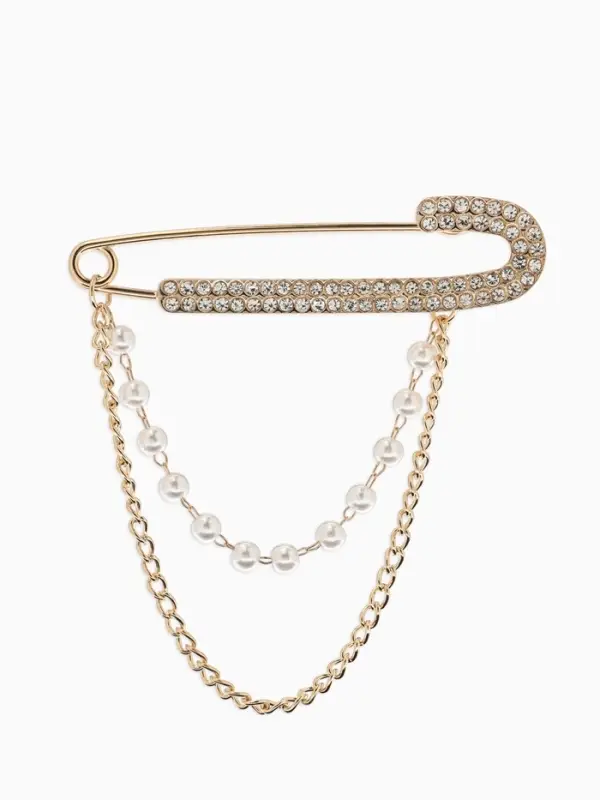Булавка &laquo;Блеск&raquo; в стразах, цепочка, жемчуг, L=7.5 см, цвет белый в золоте