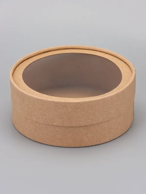 Коробка круглая подарочная, завальцованная с окном, крафт, 15&times;6 см