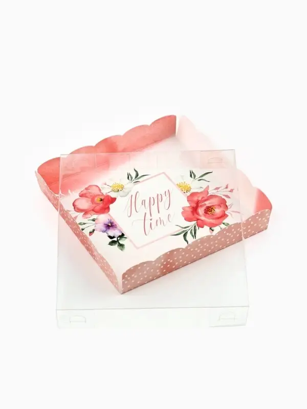 Коробка для печенья, кондитерская упаковка с пластиковой крышкой, Happy time, 15&times;15&times;3 см