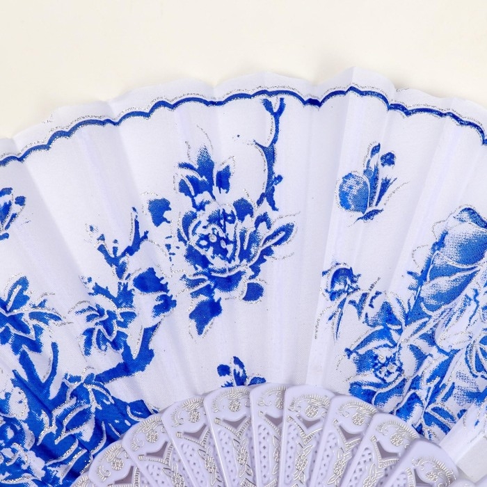 Веер пластик, текстиль  Веер пластик, текстиль "Синий рисунок на белом" МИКС 23 см