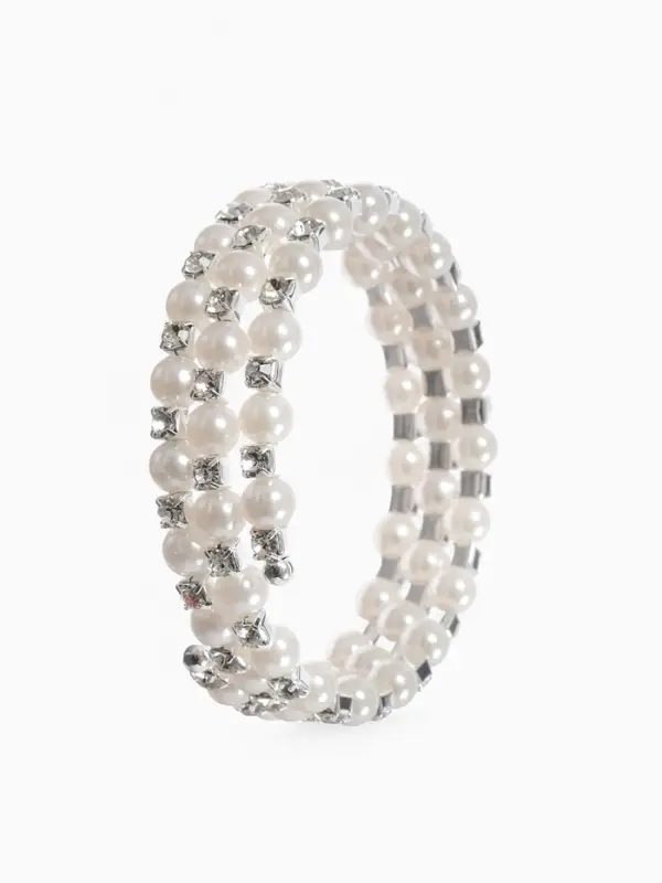 Браслет-пружинка &laquo;Жемчуг. Стразы&raquo;, d=6 см, шар № 6, белый в серебре