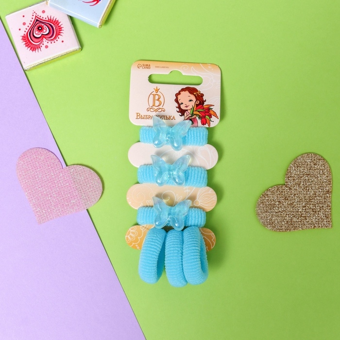 Резинка для волос  Резинка для волос "Нежность" (набор 6 шт) бабочка блеск, 2 см, голубой