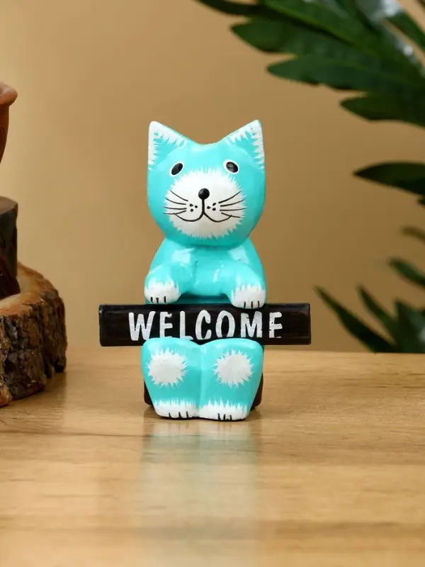 Сувенир  Сувенир "Кот с табличкой WELCOME" дерево 8х4х10 см, цв. бирюзовый