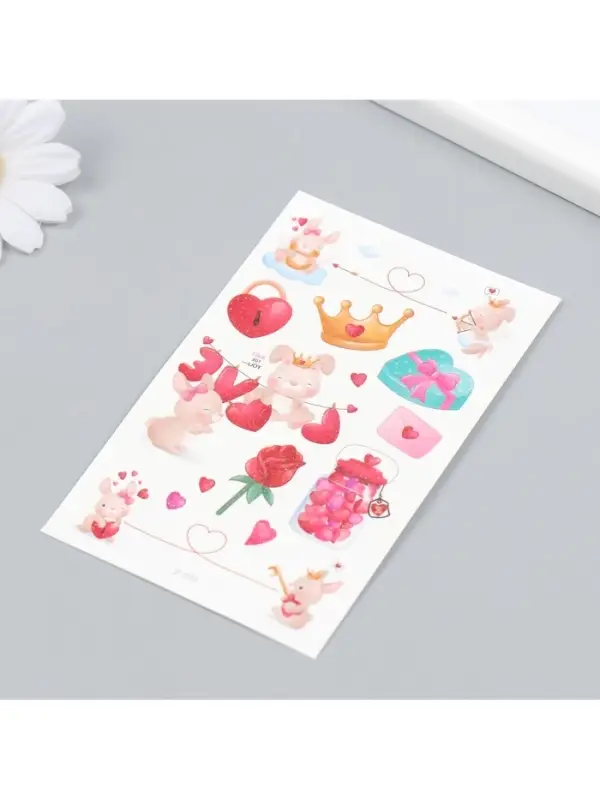 Переводные тату цветные «Зайки-романтики», временные татуировки с блёстками, 12×7.5 см