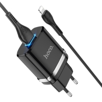 Сетевое зарядное устройство Hoco N1, 1 USB, 2.4 А, кабель Lightning - USB, 1 м, чёрное