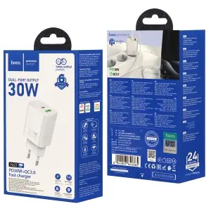 Переходник сетевого зарядного устройства на Type-C PD30W + USB QC3.0 N63 HOCO белый
