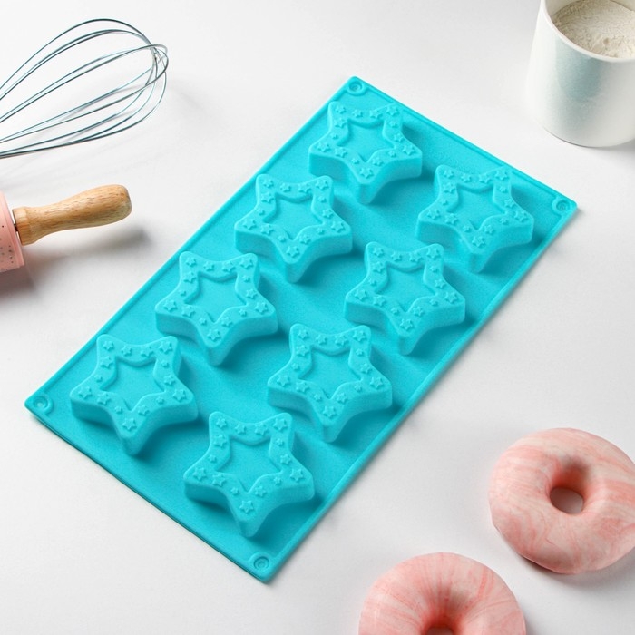 Форма для выпечки Доляна «Звёздочки», силикон, 8 ячеек, 29×16×2 см, ячейка 6,3×6 см, глубина 1,7 см, цвет голубой Форма для выпечки Доляна «Звёздочки», силикон, 8 ячеек, 29×16×2 см, ячейка 6,3×6 см, глубина 1,7 см, цвет голубой