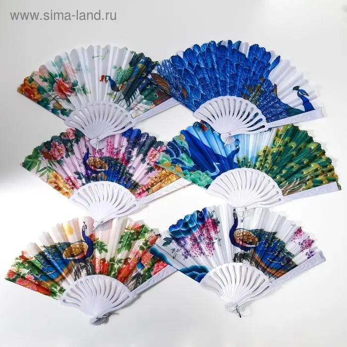 Веер складной &laquo;Павлин и цветы&raquo;, изгиб, 23 см, МИКС