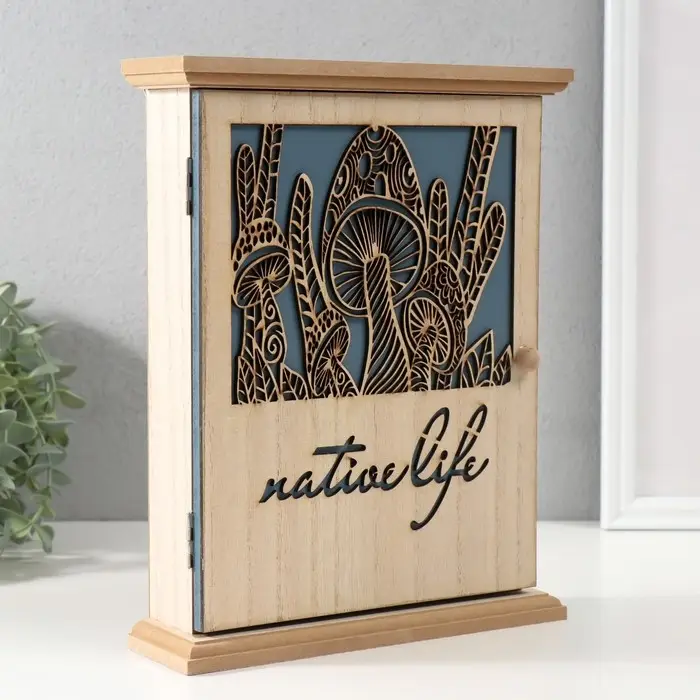 Ключница настенная &laquo;Грибы&raquo;, дерево, 6 крючков, бежево-синяя, 6.2&times;19.5&times;25.2 см