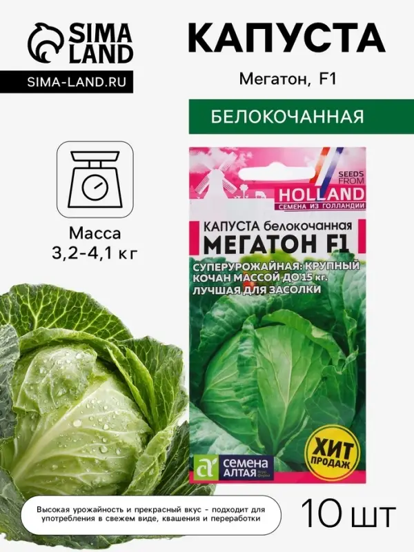Семена Капуста белокочанная &laquo;Мегатон&raquo;, F1, 10 шт., &laquo;Семена Алтая&raquo;