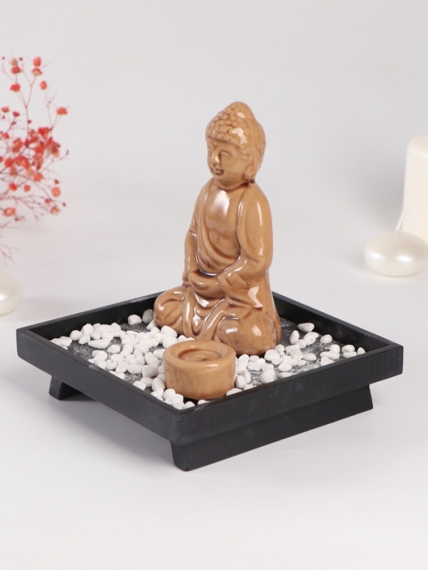 Подставка для благовоний керамика, дерево  Подставка для благовоний керамика, дерево "Будда- медитация" беж 14х14х14,5 см