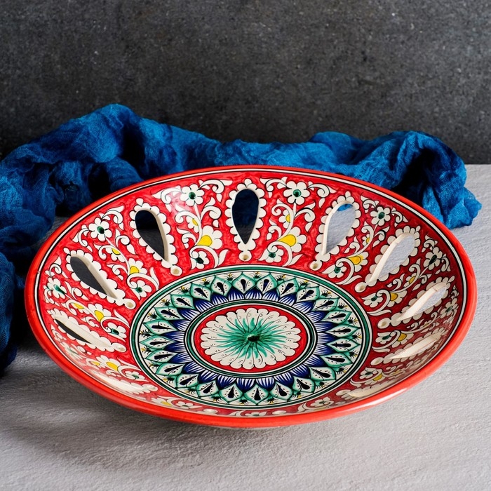 Фруктовница Риштанская Керамика  Фруктовница Риштанская Керамика "Узоры", 33 см, красная