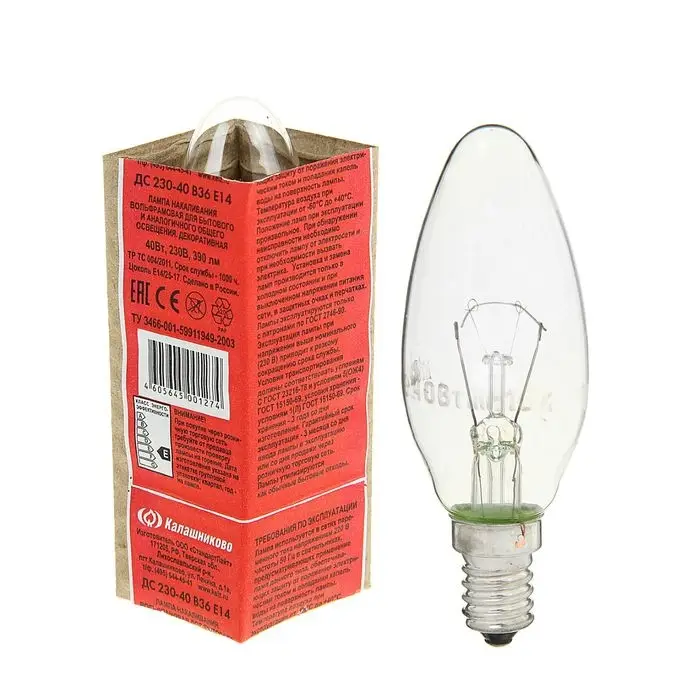 Лампа накаливания КЭЛЗ, ДС, Е14, 40 Вт, 230 В Лампа накаливания КЭЛЗ, ДС, Е14, 40 Вт, 230 В