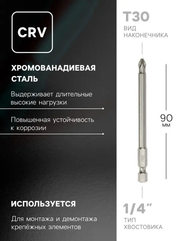 Биты ТУНДРА, намагниченные, сталь CrV, PH2&times;90 мм, 2 шт.